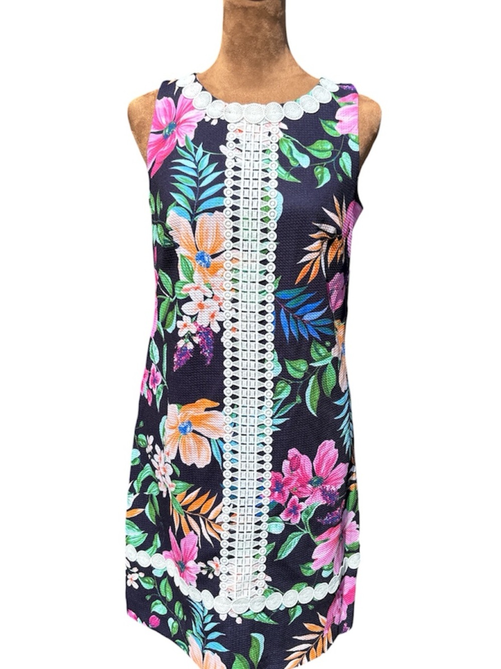 ELIZA J Sleeveless Navy Floral Shift Dress with White Crochet Trim Size 4 NWT